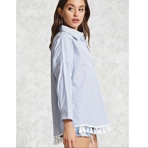 Blue and white striped Button Up with tassels